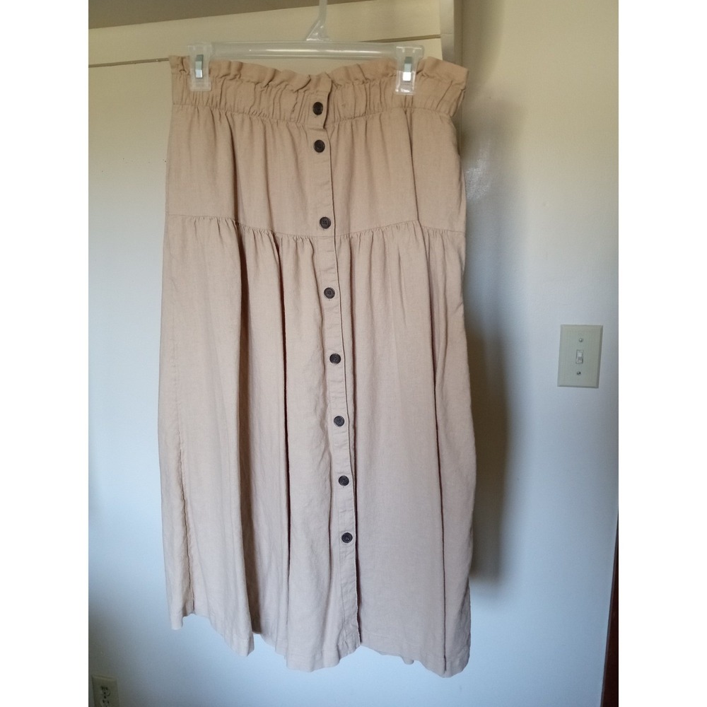 Universal Thread Tan Linen Blend Button Front Paperbag Waist Midi Skirt Pockets